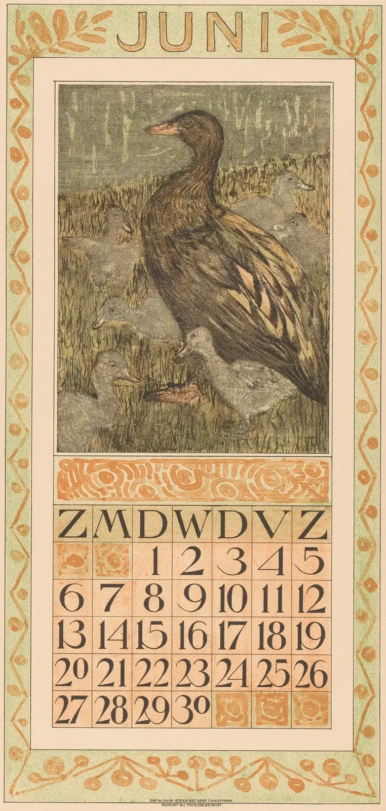 Kalenderblatt Juni mit Ente und Küken, 1908 von Theo van Hoytema