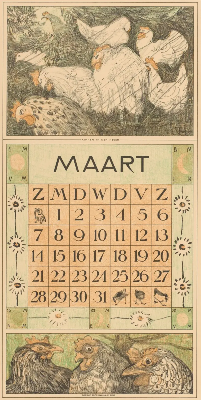 Kalenderblad mars med höns i regnet av Theo van Hoytema