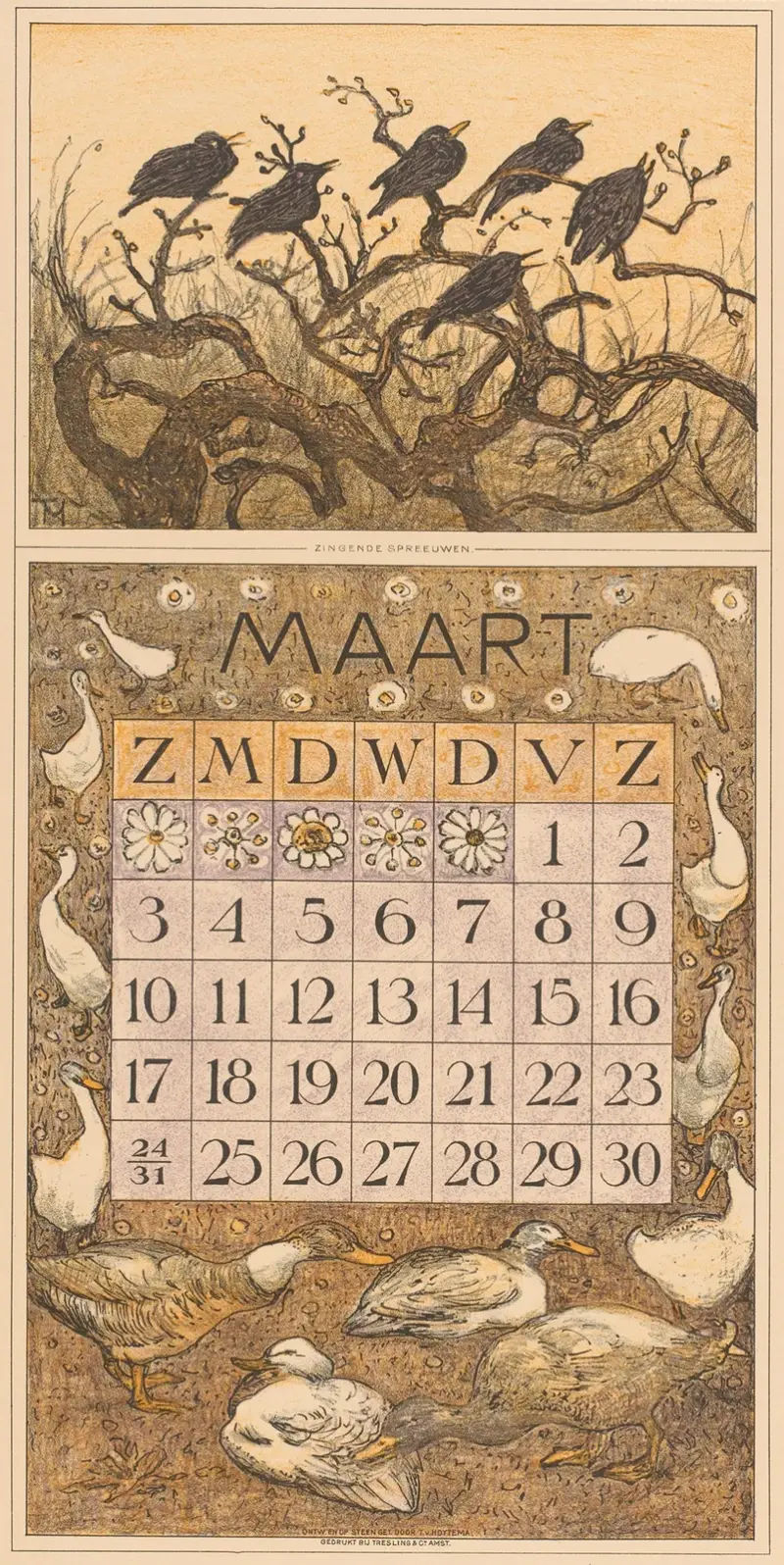 Kalenderblatt März mit Staren und Enten von Theo van Hoytema