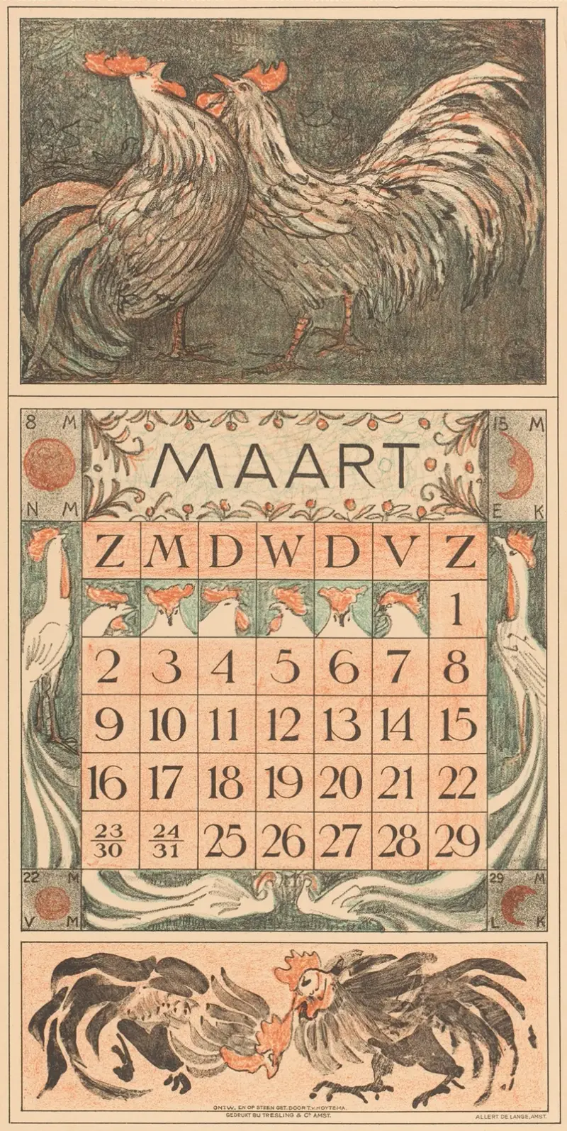 Kalenderblatt März mit zwei Hähnen, 1912 von Theo van Hoytema