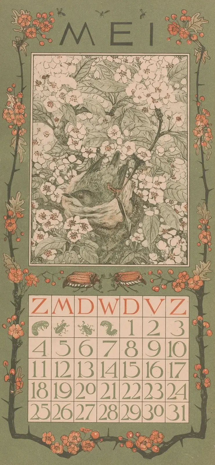 Kalenderblad maj med fågel bland blommor av Theo van Hoytema