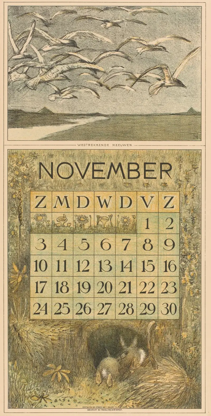 Kalenderblad november med måsar och kaniner av Theo van Hoytema