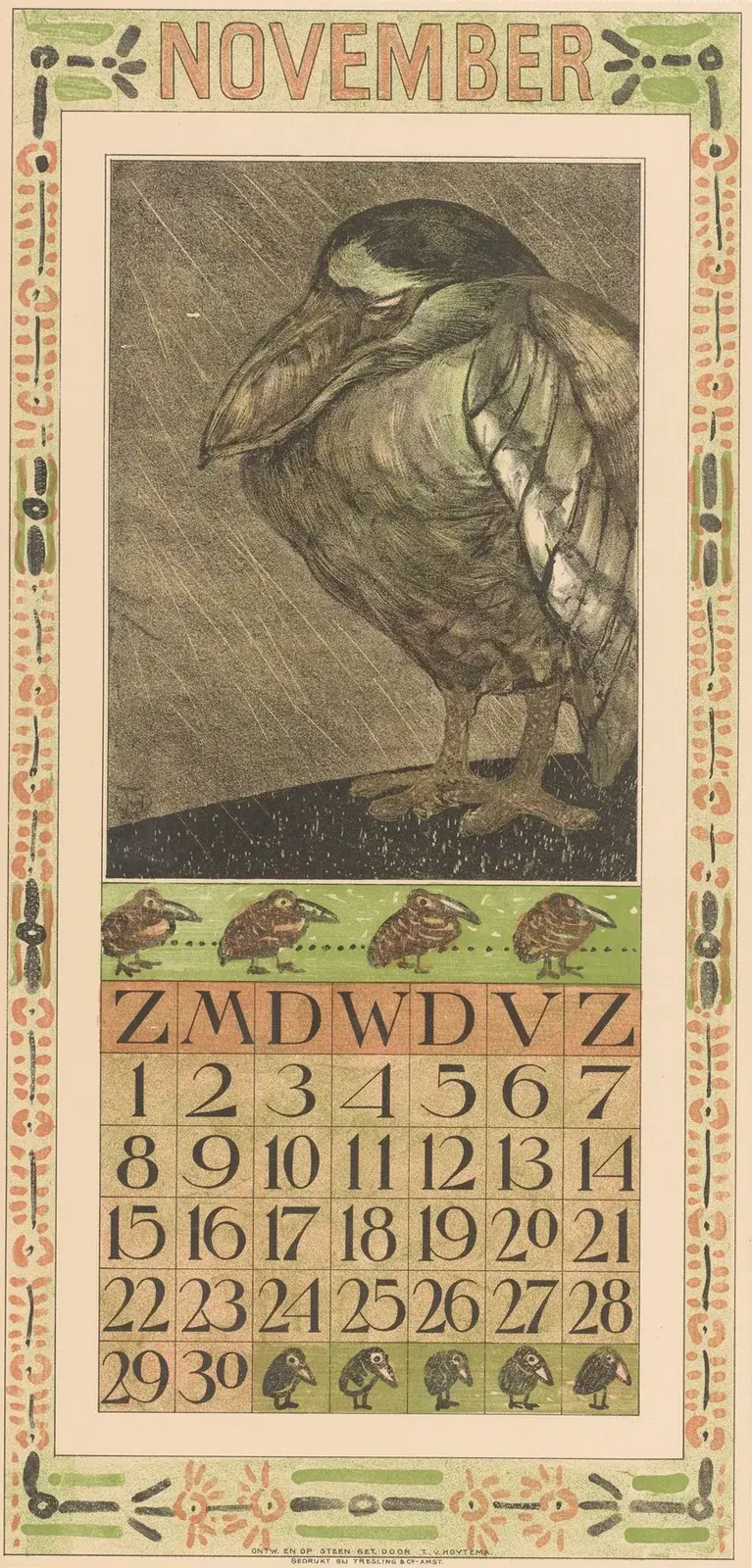 Kalenderblatt November mit Vogel im Regen von Theo van Hoytema