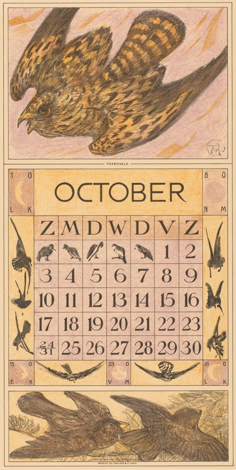 Oktober-Kalenderblatt mit Turmfalke von Theo van Hoytema