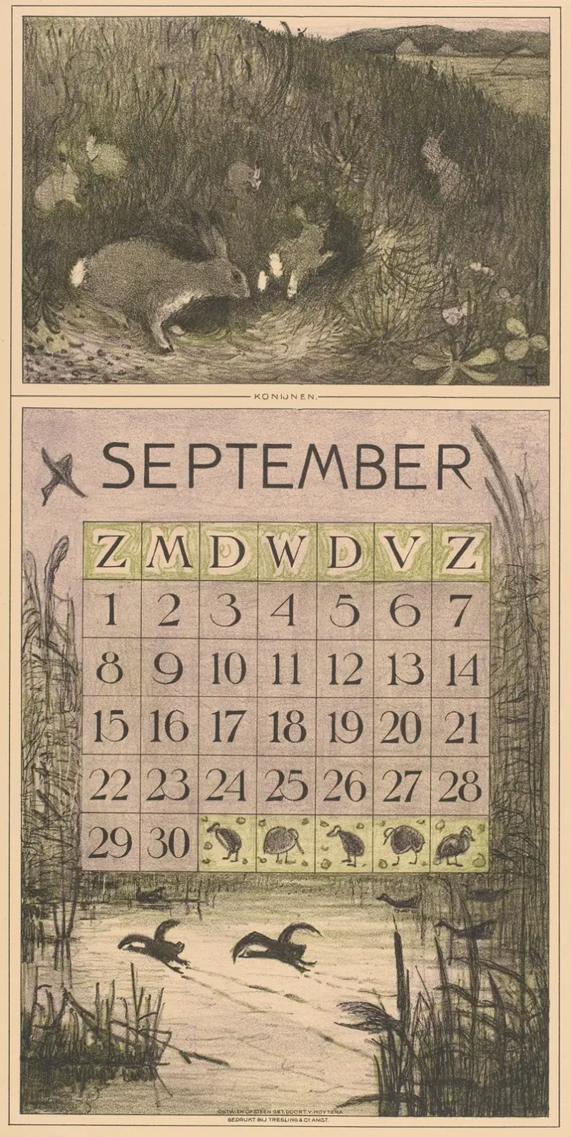 Kalenderblatt September mit Kaninchen von Theo van Hoytema