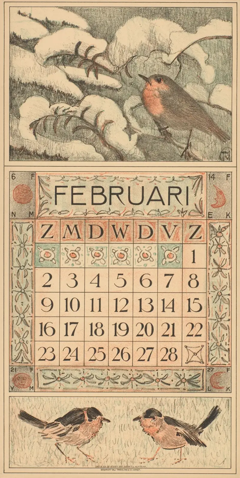 Kalenderblatt für Februar 1913 mit einem Rotkehlchen auf einem verschneiten Baumzweig von Theo van Hoytema