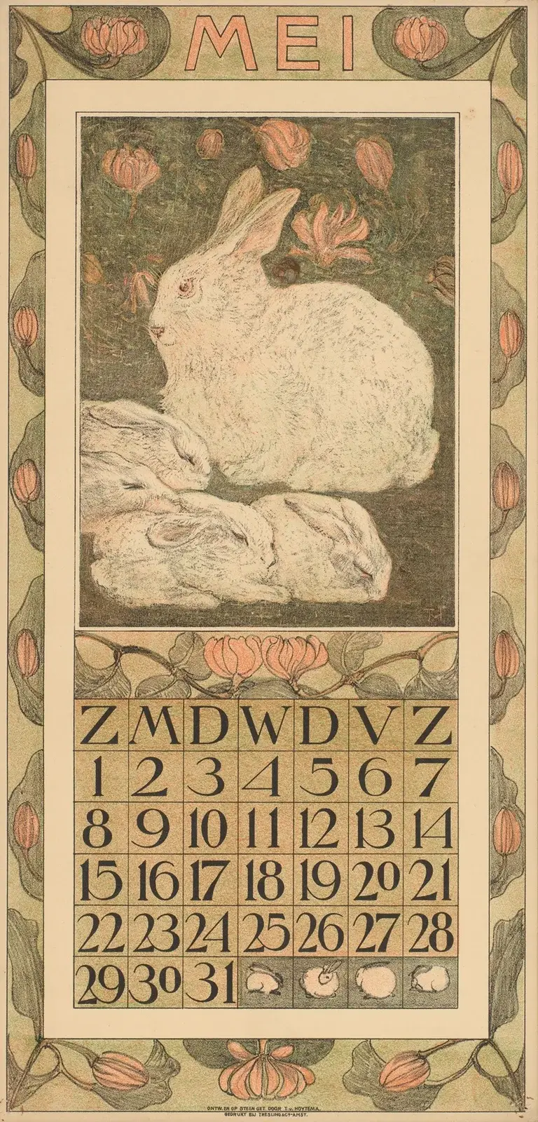 Kalenderblad för maj 1910 med en vit kanin och fyra ungar av Theo van Hoytema