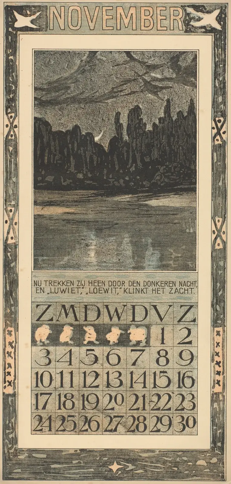 Kalenderblad för november 1907 med flyttfåglar i nattlandskap av Theo van Hoytema