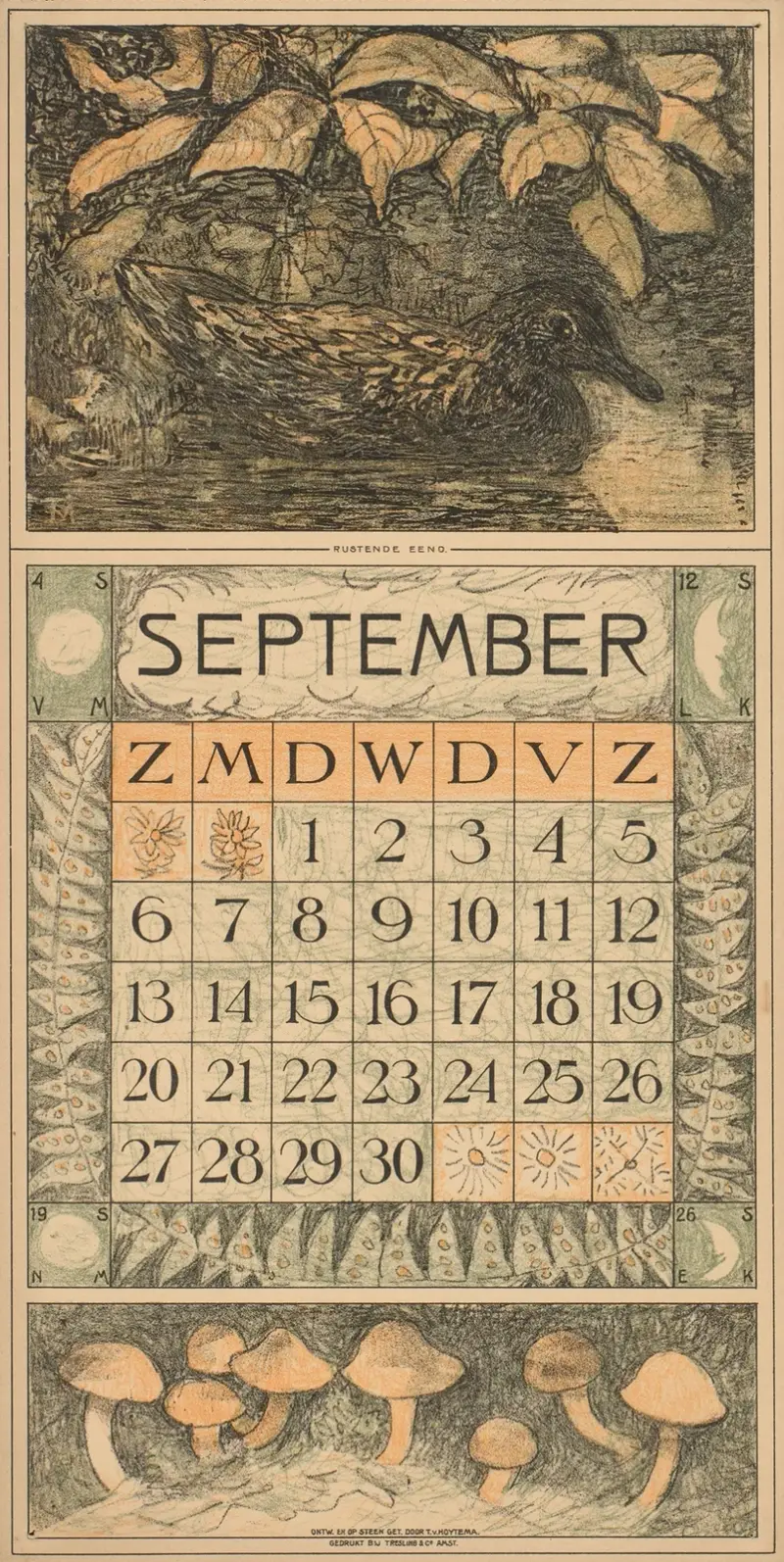 Kalenderblatt für September 1914 mit einer Ente auf dem Wasser von Theo van Hoytema