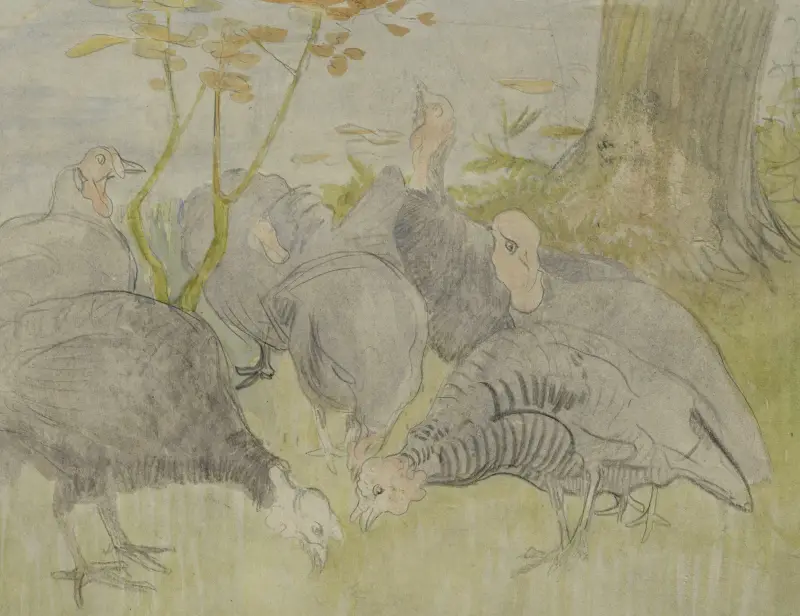 Kalkoenen in een tuin av Theo van Hoytema