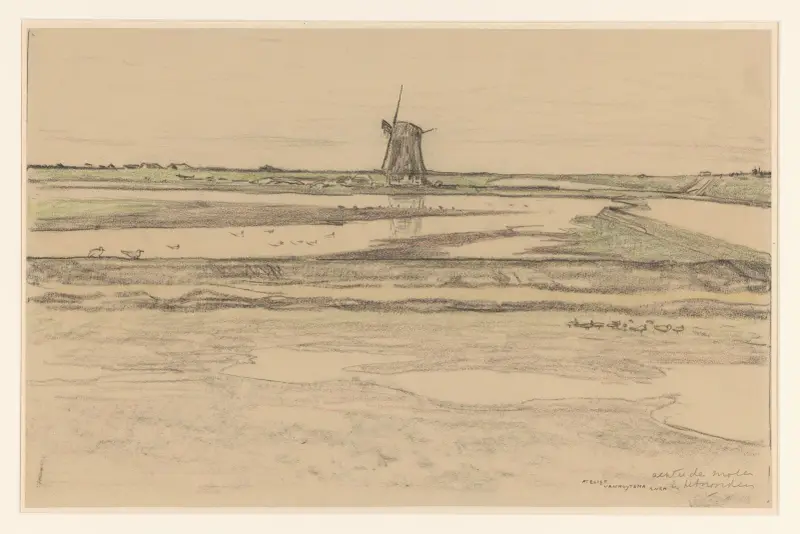 Landskap med poldermöllan Het Noorden i poldern Het Noorden på Texel av Theo van Hoytema