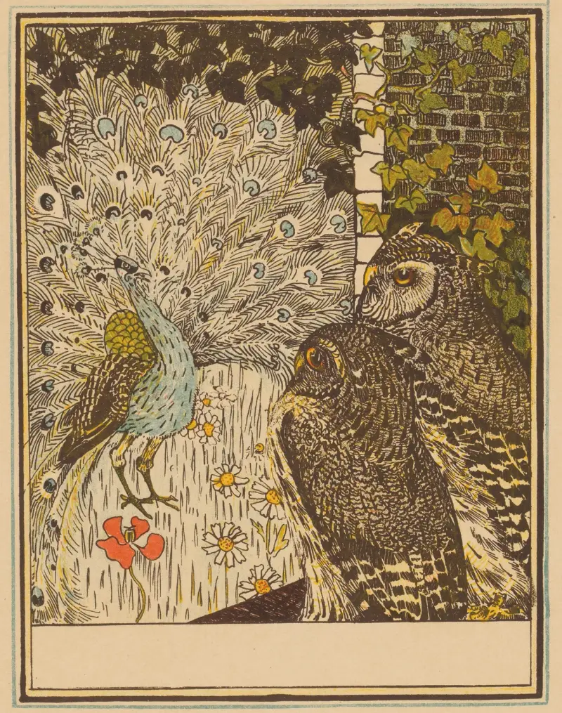 Pfau und zwei Eulen von Theo van Hoytema