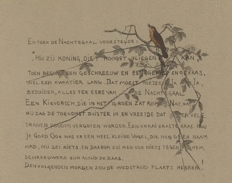 Textblatt mit Nachtigall auf einem Zweig von Theo van Hoytema