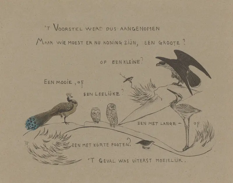 Textblatt mit unter anderem Pfau, Eulen, Reiher und Greifvogel von Theo van Hoytema