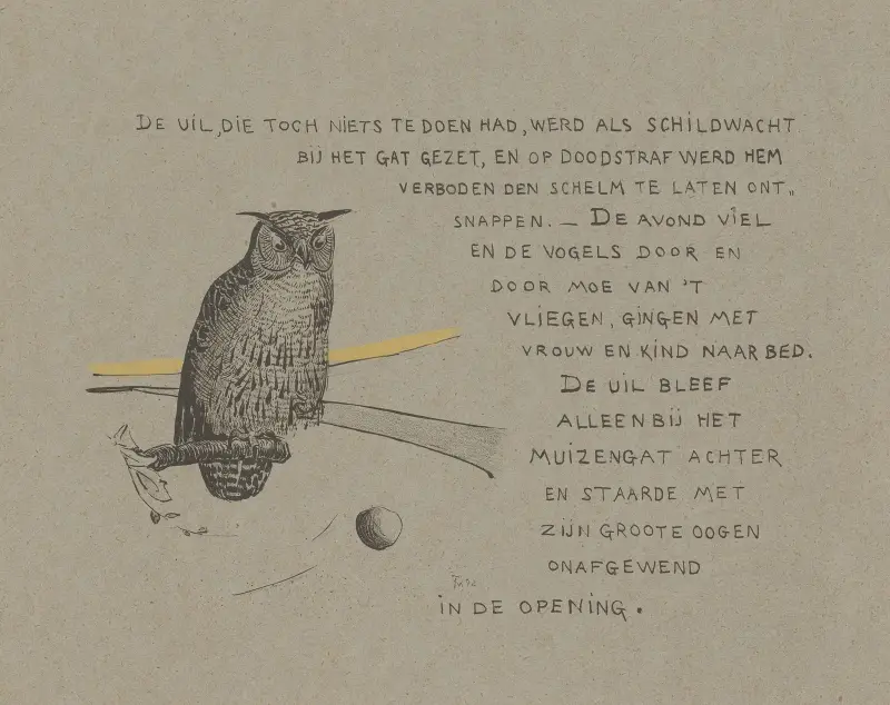 Textblatt mit Eule an einem Mauseloch von Theo van Hoytema