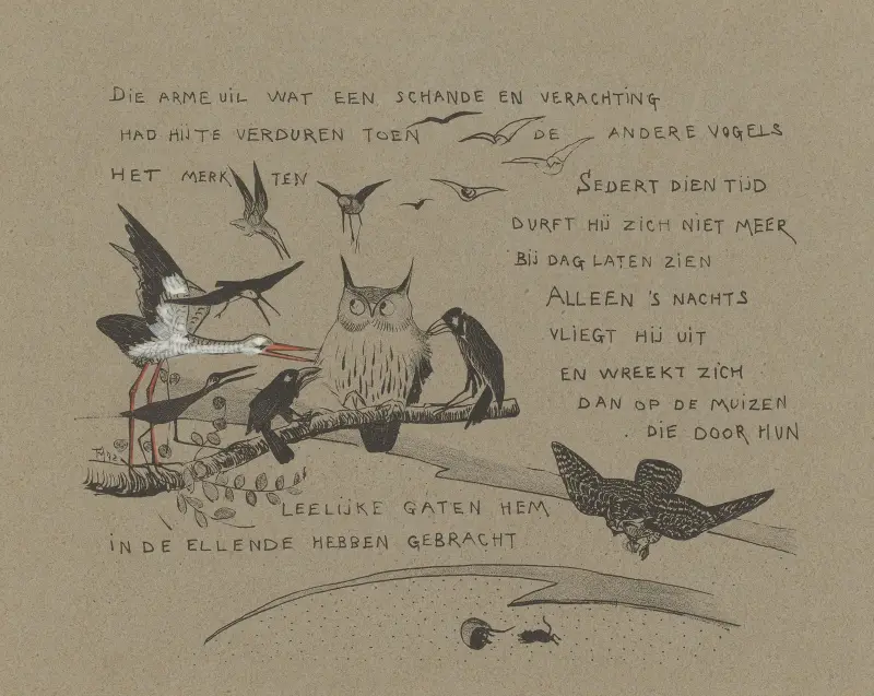 Textblatt mit Vögeln, die die Eule zurechtweisen von Theo van Hoytema