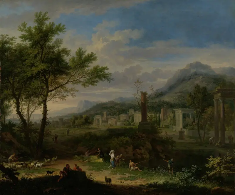 Arcadian Landscape with Fishermen av Jan van Huysum