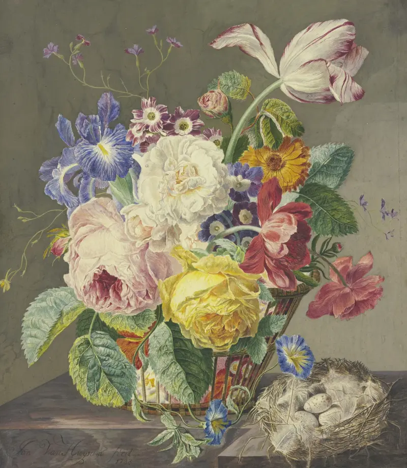 Blumenstillleben Mit Vogeleiern av Jan van Huysum