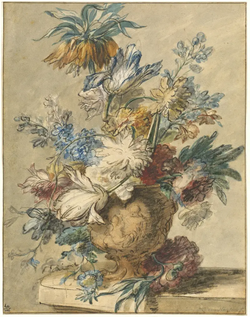 Bukett av vårblommor i terrakottavas av Jan van Huysum