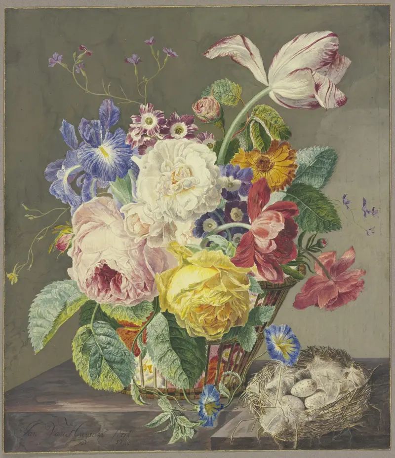 Flowers in a Woven Basket and a Bird’s Nest av Jan van Huysum