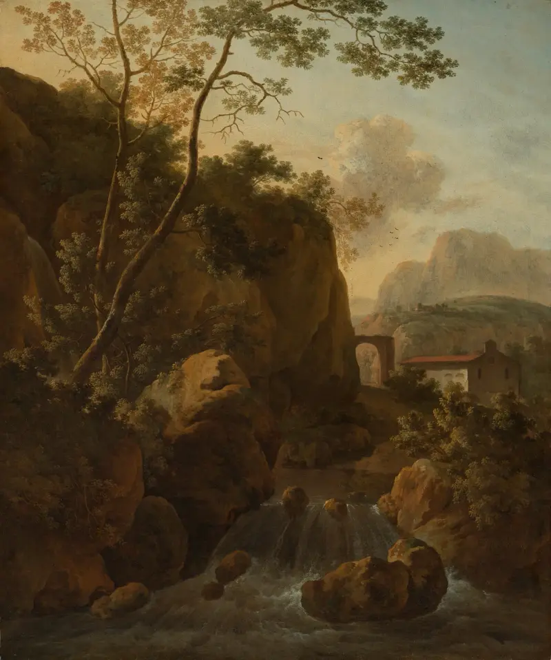 Italienische Felslandschaft mit Gebirgsbach und Kapelle av Jan van Huysum