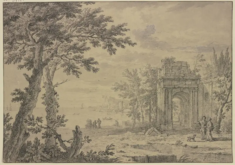 Landschaft mit einem Triumphbogen von Jan van Huysum