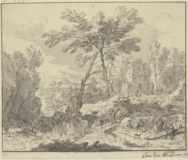 Landschaft mit einem Wasserfall, rechts an einem Baumstamm zwei Figuren av Jan van Huysum