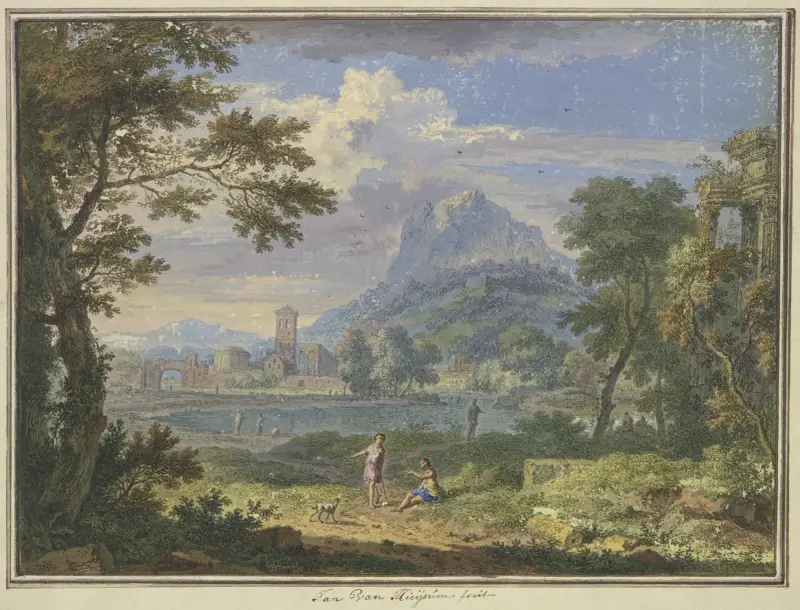 Landschaft mit einer italienischen Stadt bei einem hohen Berg, rechts die Ruine eines Tempels, im Vordergrund zwei Figuren und ein Hund av Jan van Huysum