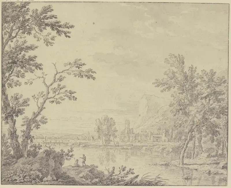 Landschaft mit einer Stadt am Wasser av Jan van Huysum