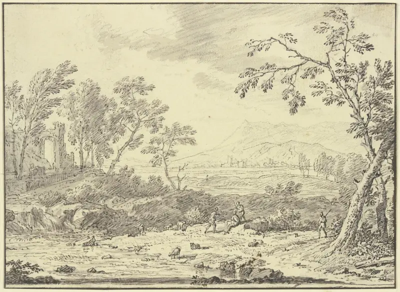 Landschaft mit Ruinen, vorne ein Hirte bei Schafen av Jan van Huysum