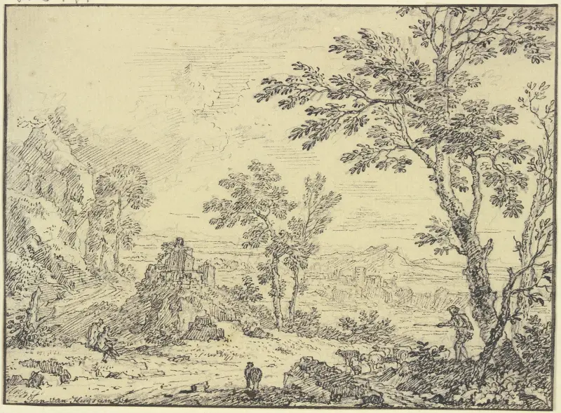 Landschaft mit Ruinen, vorne rechts ein Schafhirte av Jan van Huysum