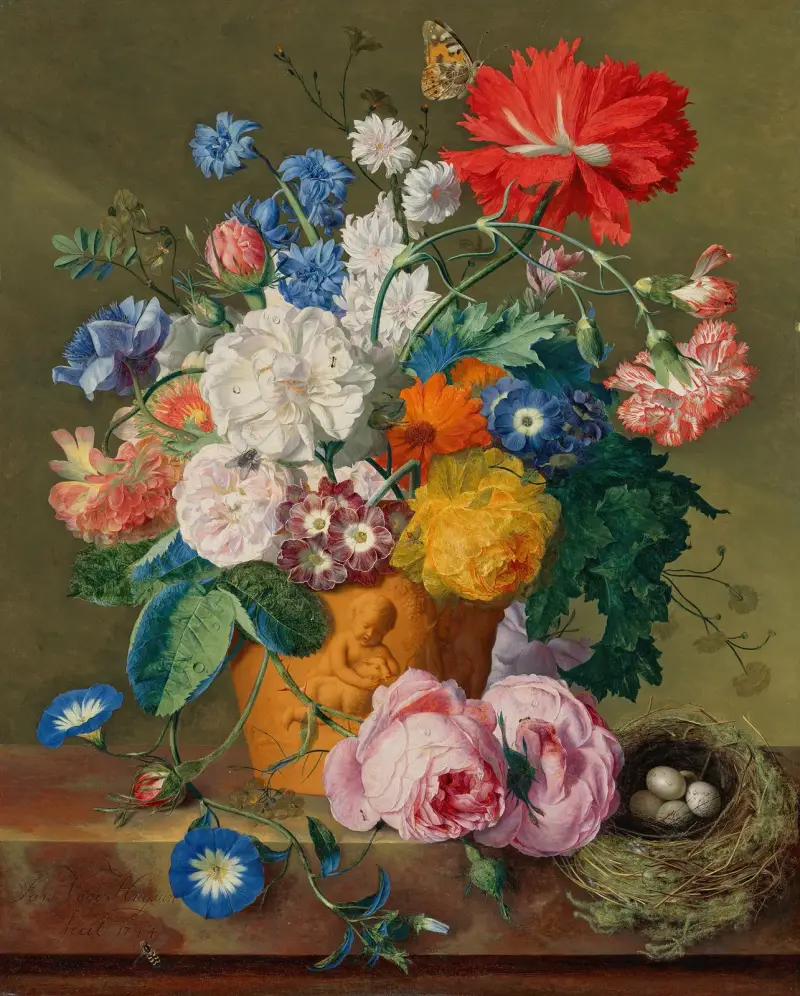 Rosor och andra blommor i terrakottavas med fågelbo på marmorkant av Jan van Huysum
