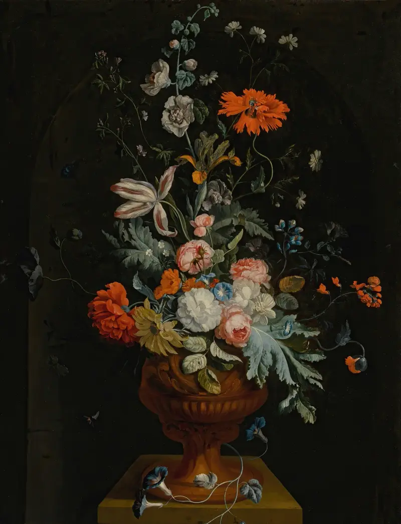 Stilleben med blommor i terrakottavas framför en stennisch av Jan van Huysum