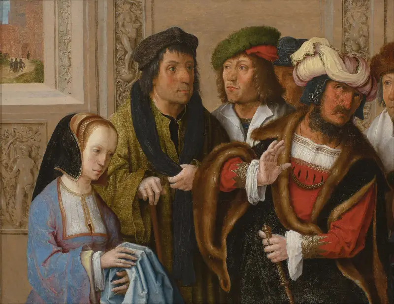 Potifars hustru visar sin makes Josefs mantel. I bakgrunden; Josef förs till fängelset av Lucas Van Leyden