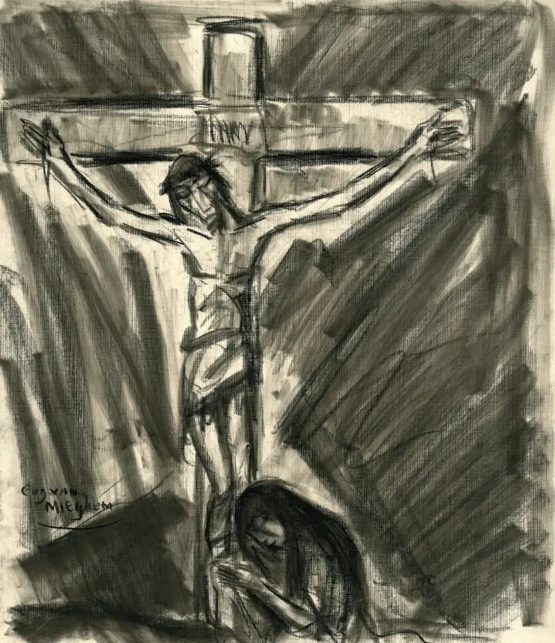 Jesus på korset, med en bedjande kvinna till höger under korset av Eugeen Van Mieghem