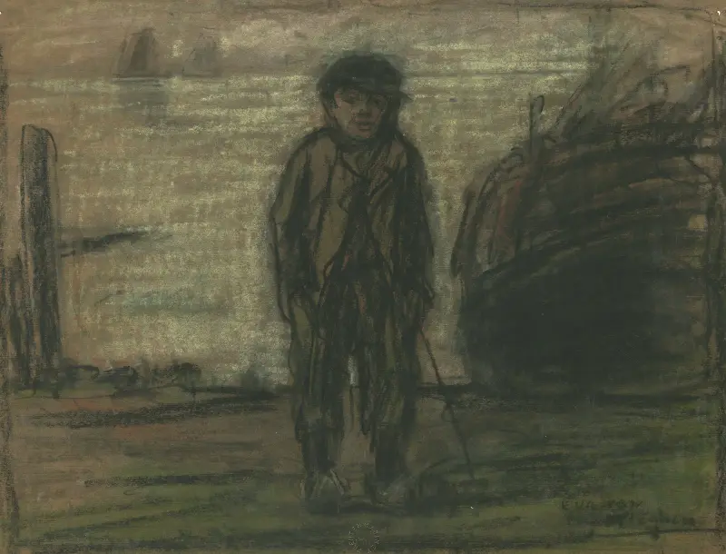 Junge mit Holzschuhen an der Schelde von Eugeen Van Mieghem