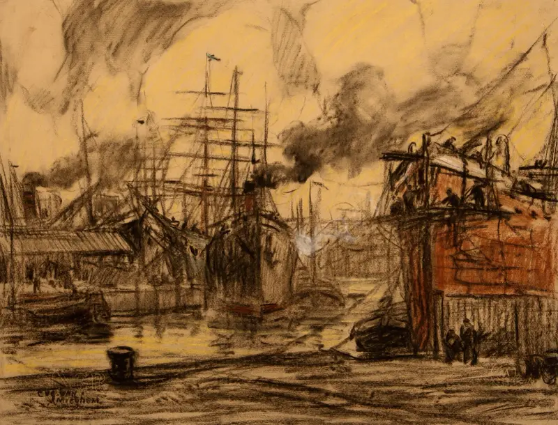 Ångbåt och tremastare i dockan av Eugeen Van Mieghem
