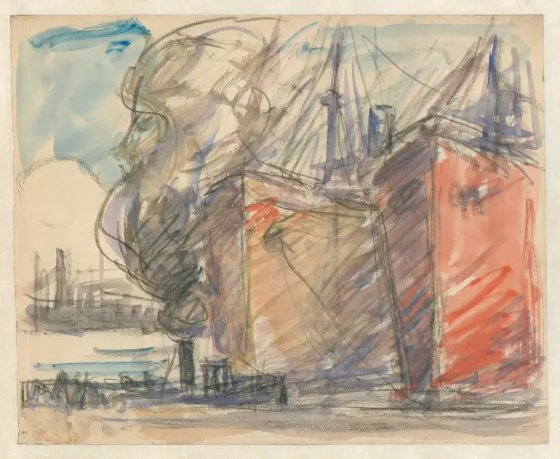Stoomboten en een sleepboot in de haven av Eugeen Van Mieghem