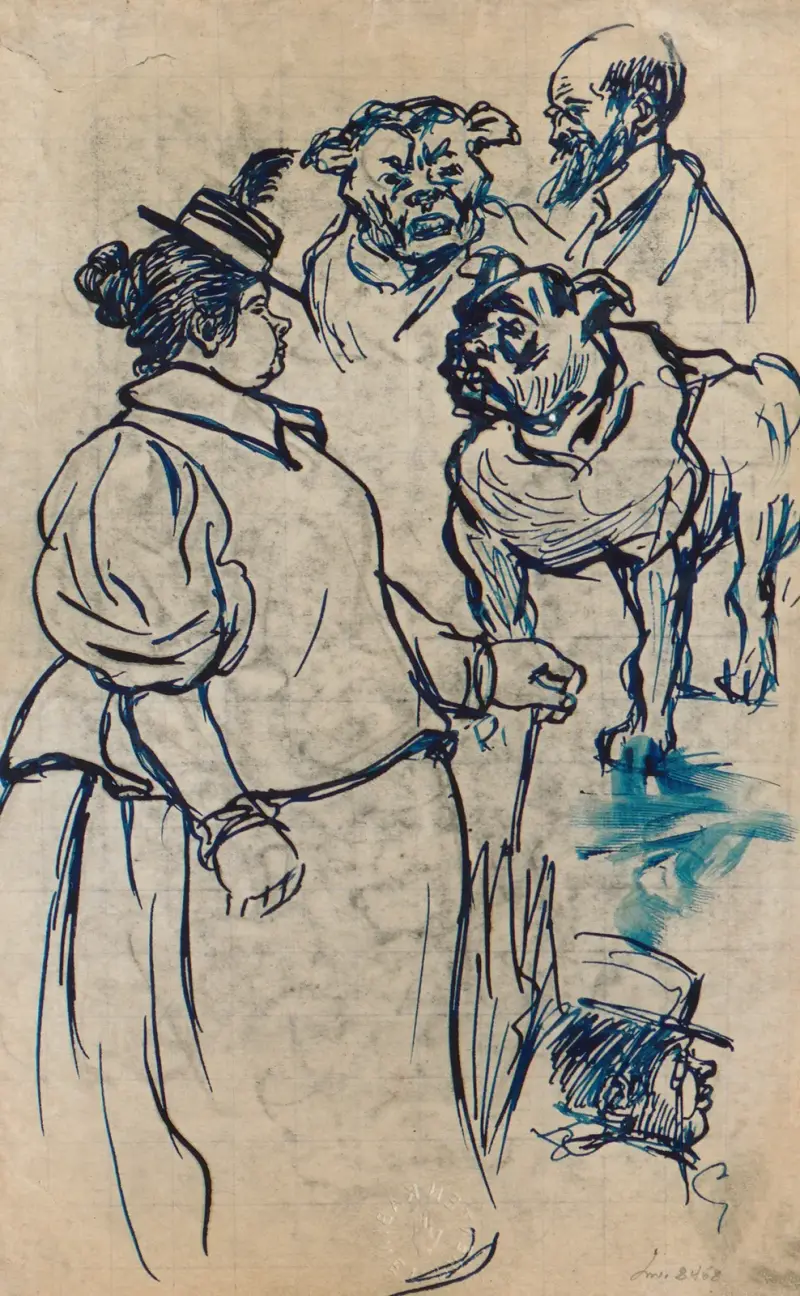 Studieblad; gående dam, hund och manshuvud av Eugeen Van Mieghem