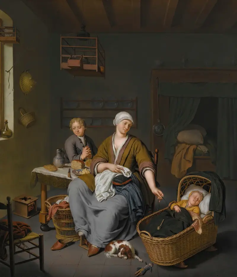 Młoda matka opiekująca się dwójką dzieci we wnętrzu domowym, Willem Van Mieris