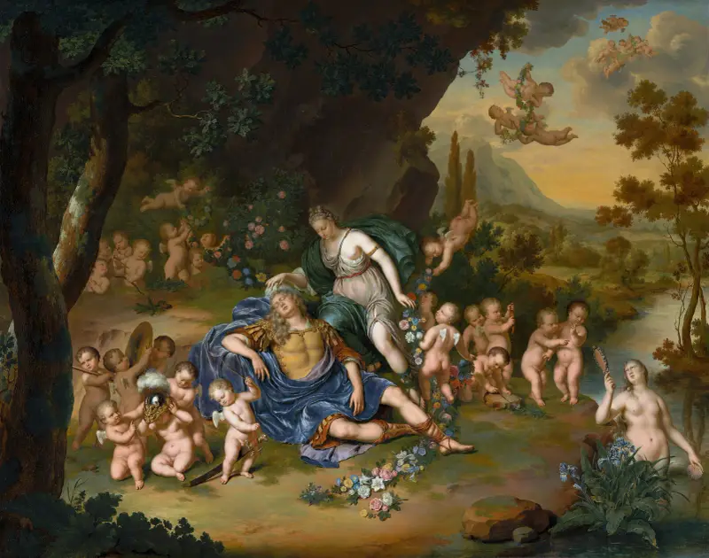 Armida zdobí spícího Rinalda květinami, Willem Van Mieris