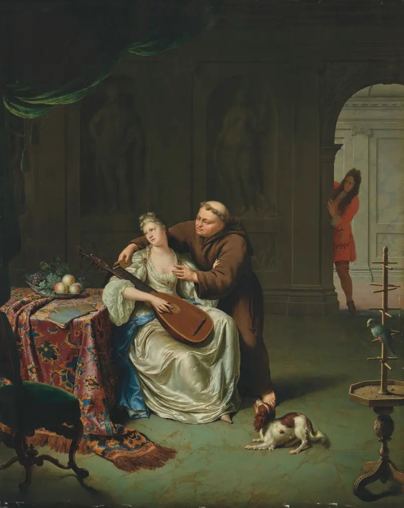 Tartuffe i Elmira zaskoczeni przez Damisa, syna Orgona, Willem Van Mieris
