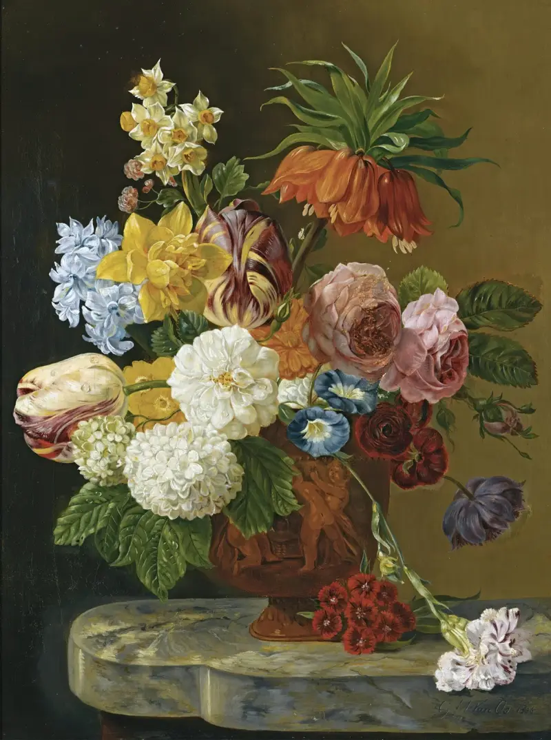 Stilleben med rosor, pioner, tulpaner, påskliljor, nejlikor och andra blommor i en vas av Georgius Jacobus Johannes van Os
