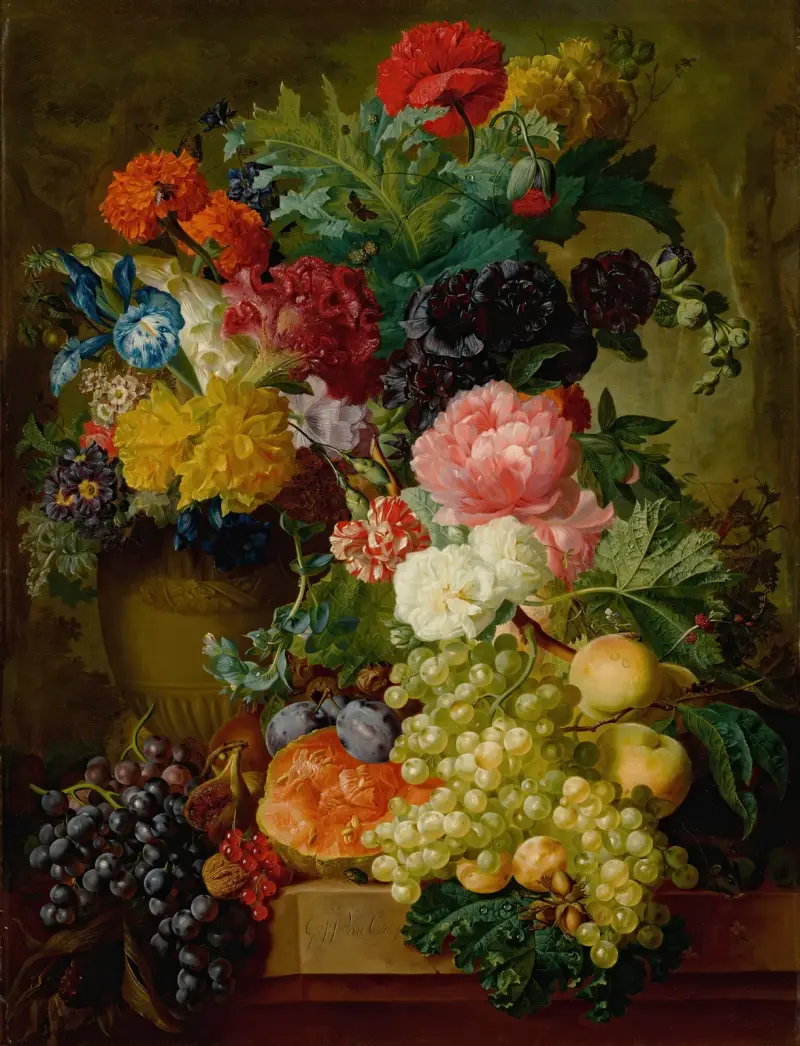 Elaborerad stilleben med blommor och frukt på en stenhäll, med skogslandskap i bakgrunden av Georgius Jacobus Johannes van Os
