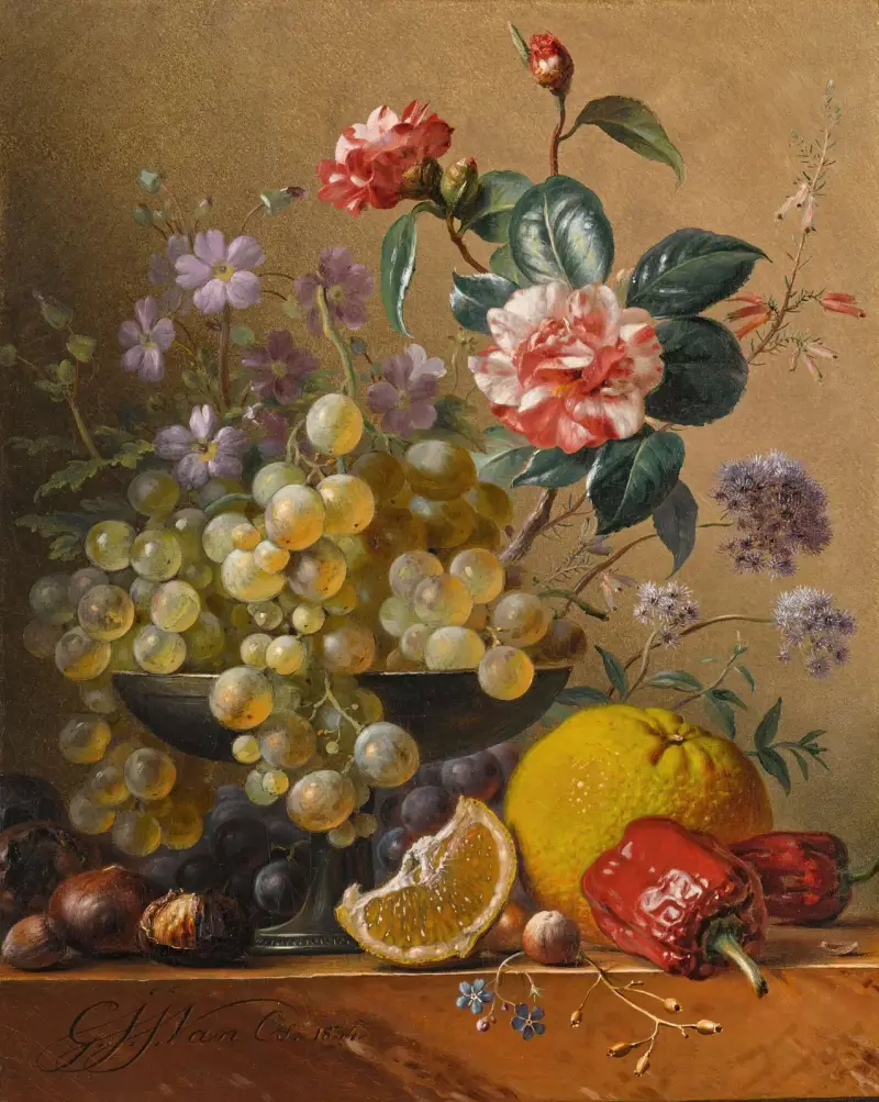 Still life with a camelia spray, cornflowers and grapes in a silver bowl, with nuts, an orange and red peppers, all on a marble ledge av Georgius Jacobus Johannes van Os