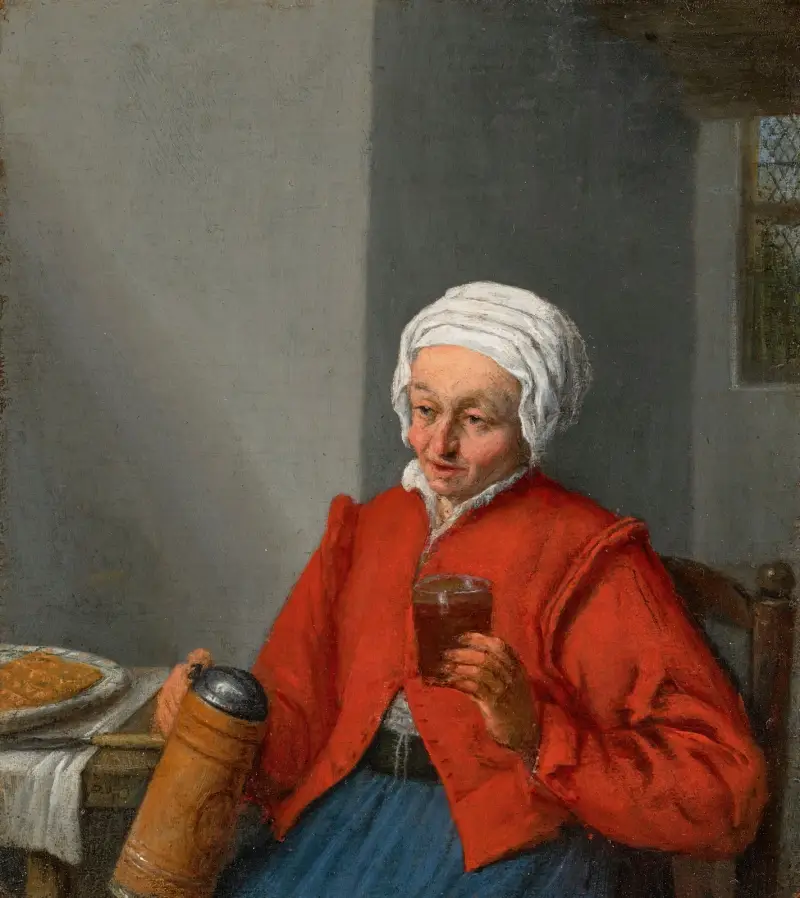 Kvinna med kanna och ölglas, i en interiör av Adriaen van Ostade