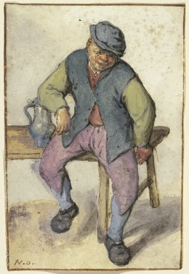 Auf einem Tisch sitzender Bauer von Adriaen van Ostade