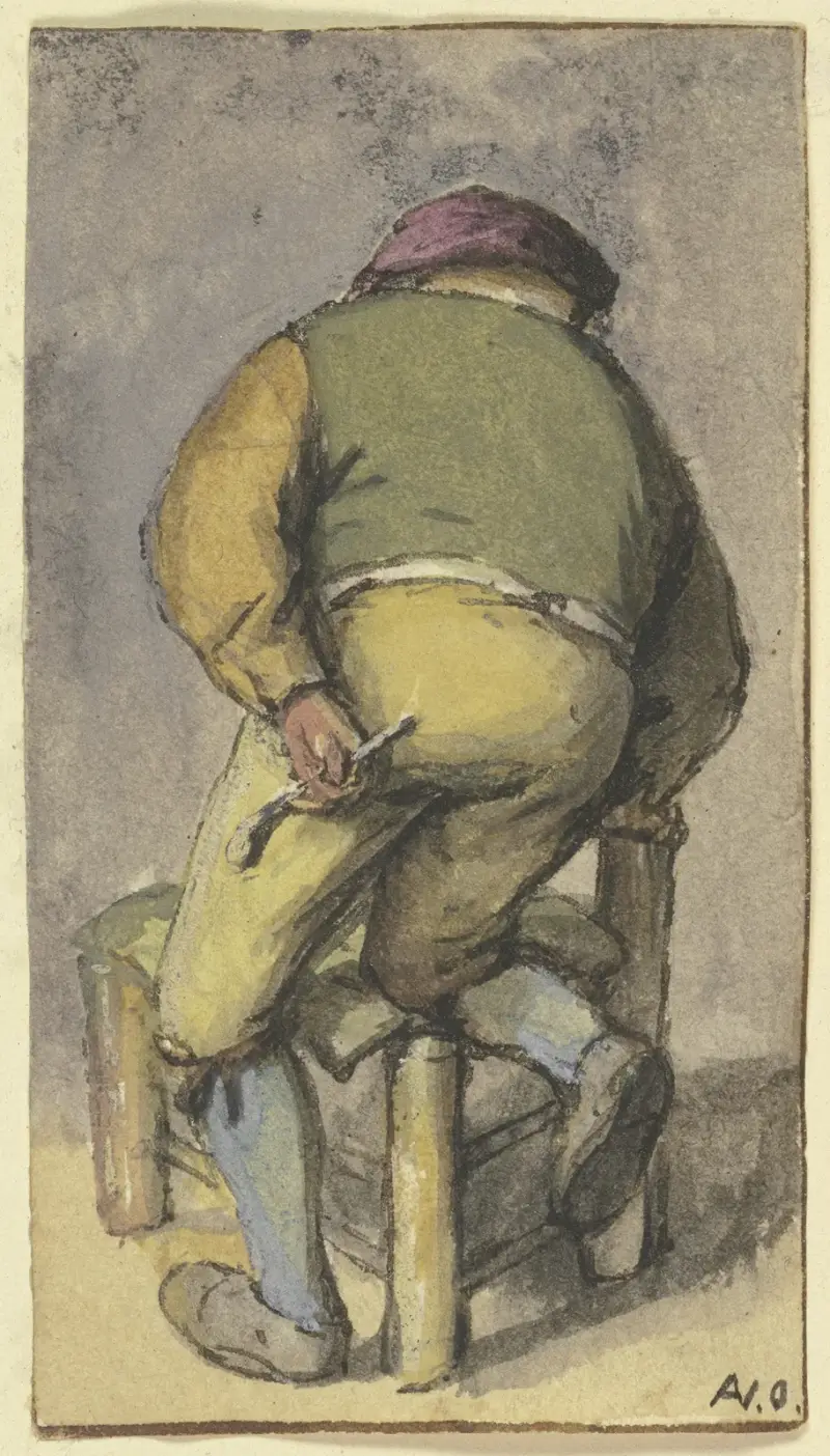 Bonde bakifrån, med höger ben på en stol av Adriaen van Ostade