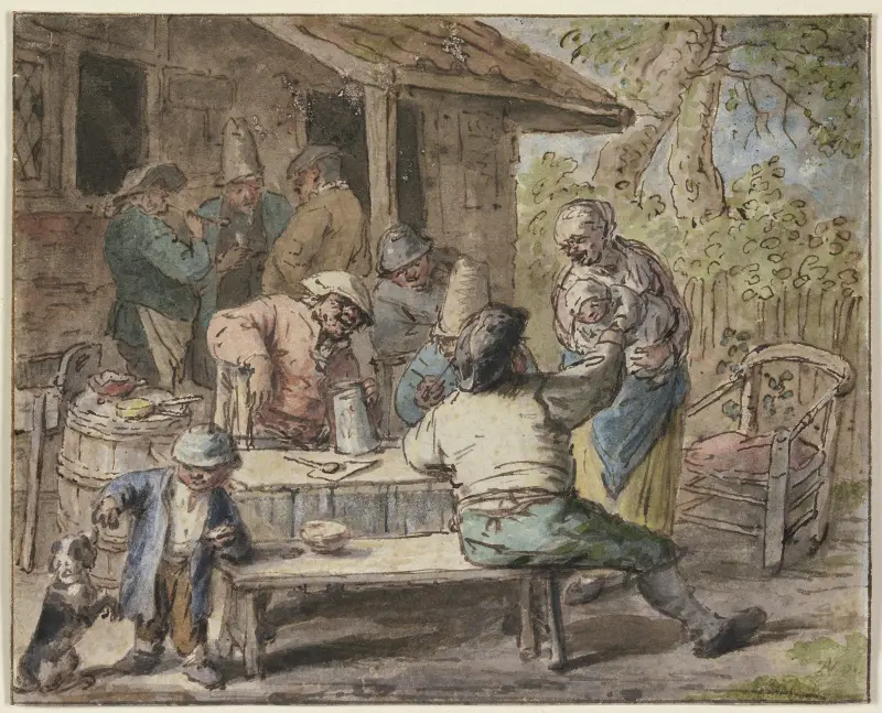 Bauern mit Kindern vor einem Haus av Adriaen van Ostade