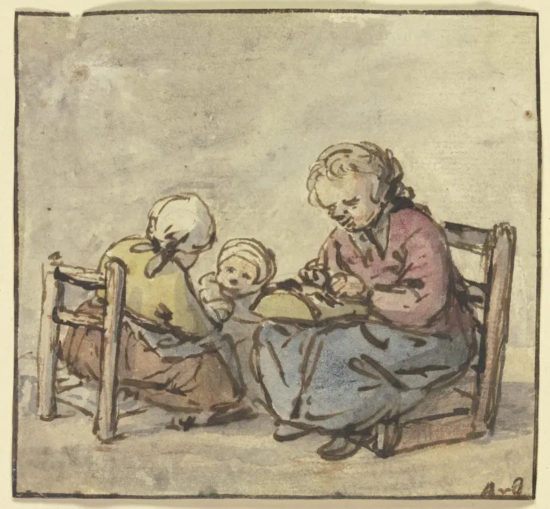 Drei Mädchen, das älteste beim Spitzenklöppeln av Adriaen van Ostade
